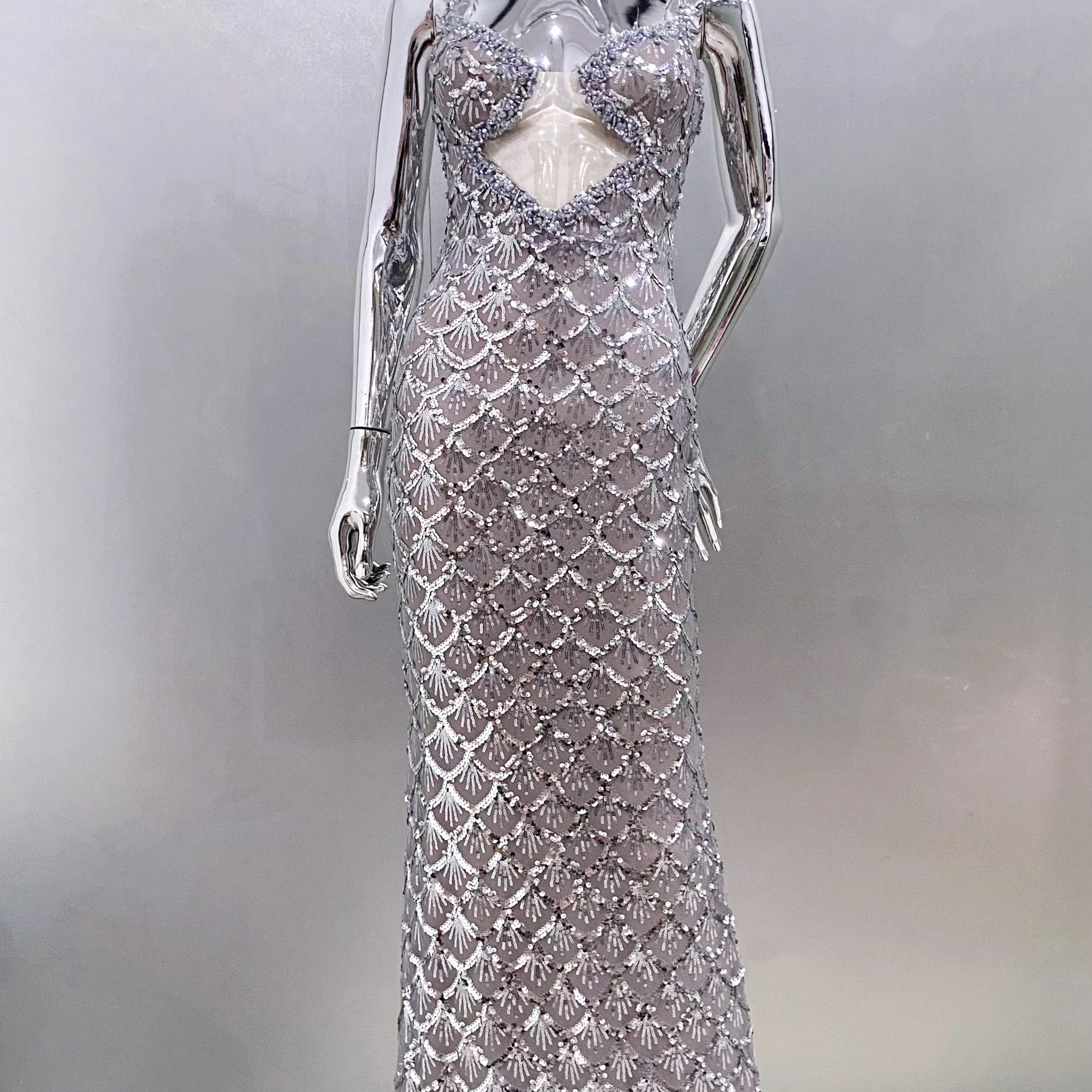 Sparkling  Sliver Sequins Sexy V-Neck Spaghetti Strapless Floor Length Dress Graceful Evening Dress Celebrity Party Outfit