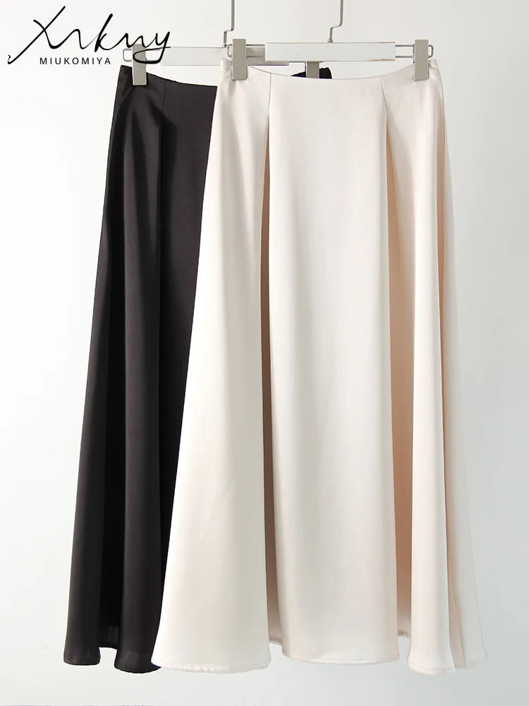 MiuKoMiYa Black A Line Long Skirts For Women Satin Summer Solid Silk Maxi Skirts Ladies Office Elegant Women Beige Skirt 2024