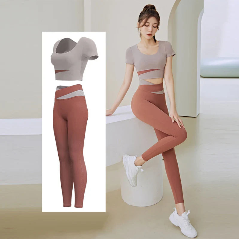 Women 2 Pcs Gym Set Sports Crop Top Bra Running Fitness Yoga Suit Sport Outfit Gymwear Lady Workout Clothes High Waist Leggings brown