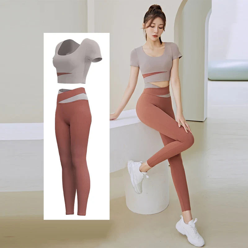 Women 2 Pcs Gym Set Sports Crop Top Bra Running Fitness Yoga Suit Sport Outfit Gymwear Lady Workout Clothes High Waist Leggings brown