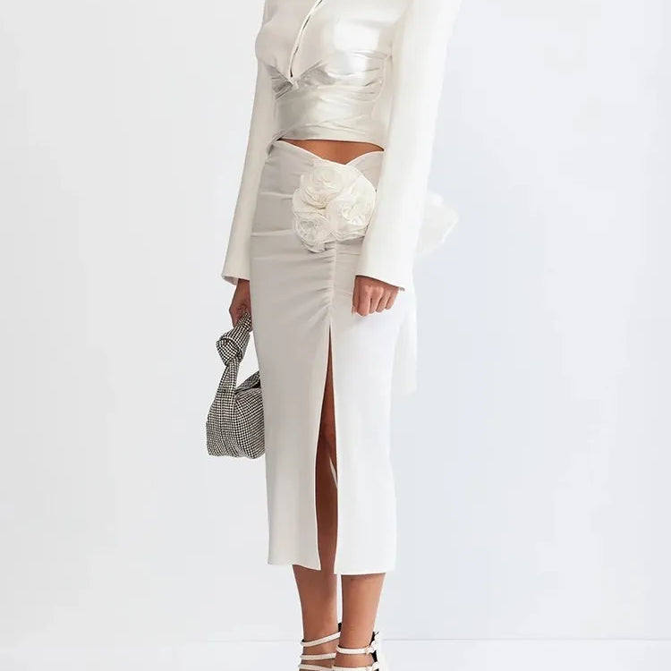 TWOTWINSTYLE Chic Two Piece Set For Women Round Neck Long Sleeve Top High Waist Spliced Appliques Skirt Elegant Sets Female New