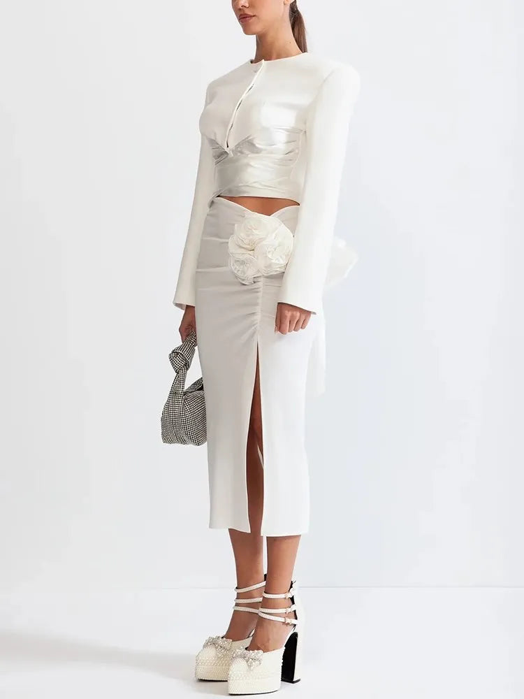 TWOTWINSTYLE Chic Two Piece Set For Women Round Neck Long Sleeve Top High Waist Spliced Appliques Skirt Elegant Sets Female New