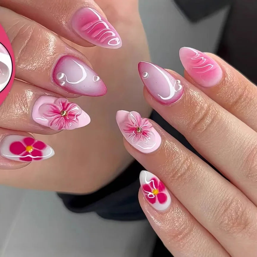 24pcs/set Medium fake nails for women girls 3D embossed flowers fruit shell rhinestones design Almond tips press on false nail