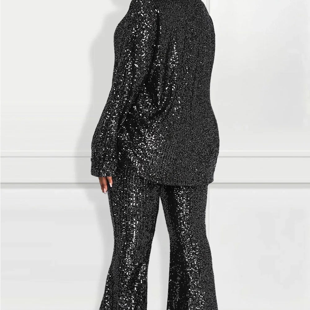 Plus Size Women Two Piece Set Sequin Flare Sleeve V-Neck Tops and Wide Leg Pants Outfits Party Club Streetwear Matching Sets