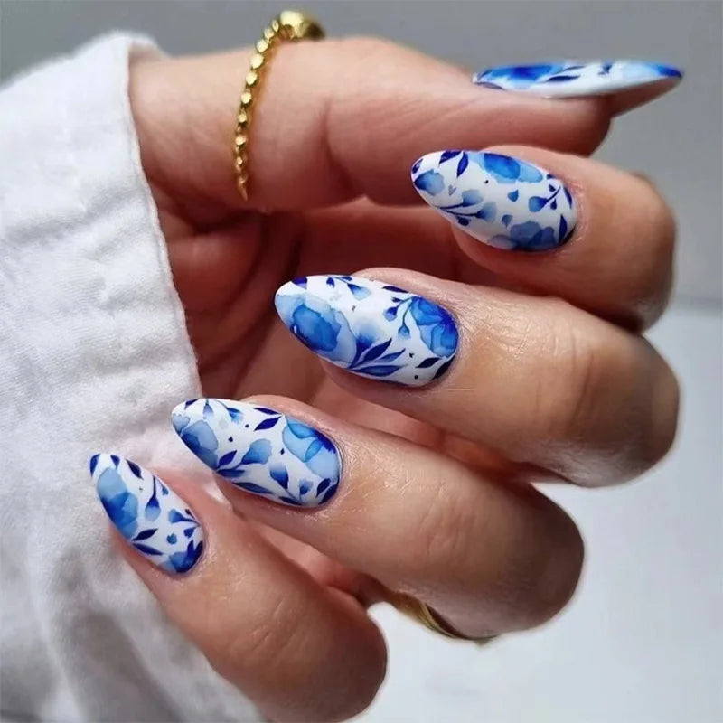 24 unidades/caixa unhas postiças curtas amendoadas com cobertura total, design de flores de jardim, unhas de pressão, arte vestível, manicure colorida para mulheres e meninas