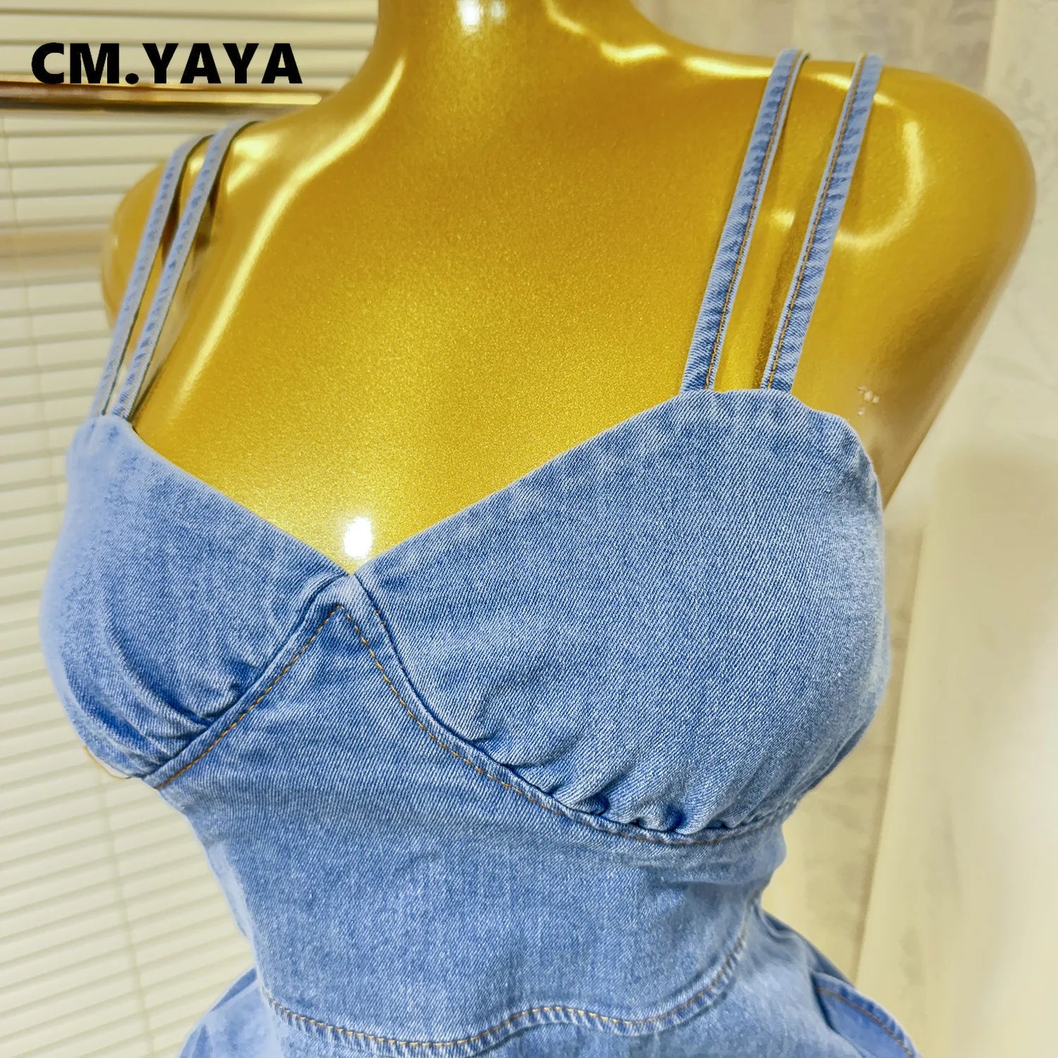 CM.YAYA Women Spaghetti Strap V-neck Ruffles Hem Denim A-line Mini Dress 2025 Chic Birthday Night Club Party Vestidos Dresses