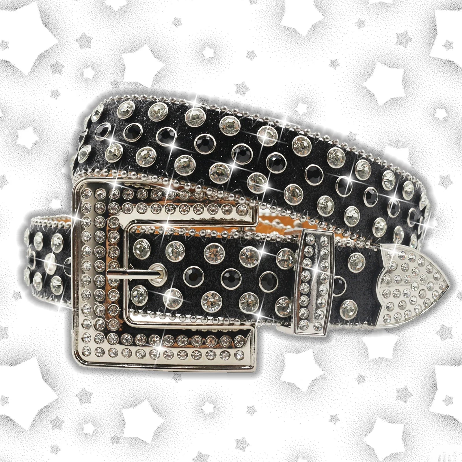 Vintage Dark Rhinestone Rivet Belt for Women Sequin Punk Hip Hop Jeans Accessories Luxury Designer bb Belt Beautiful FK-Shiny black