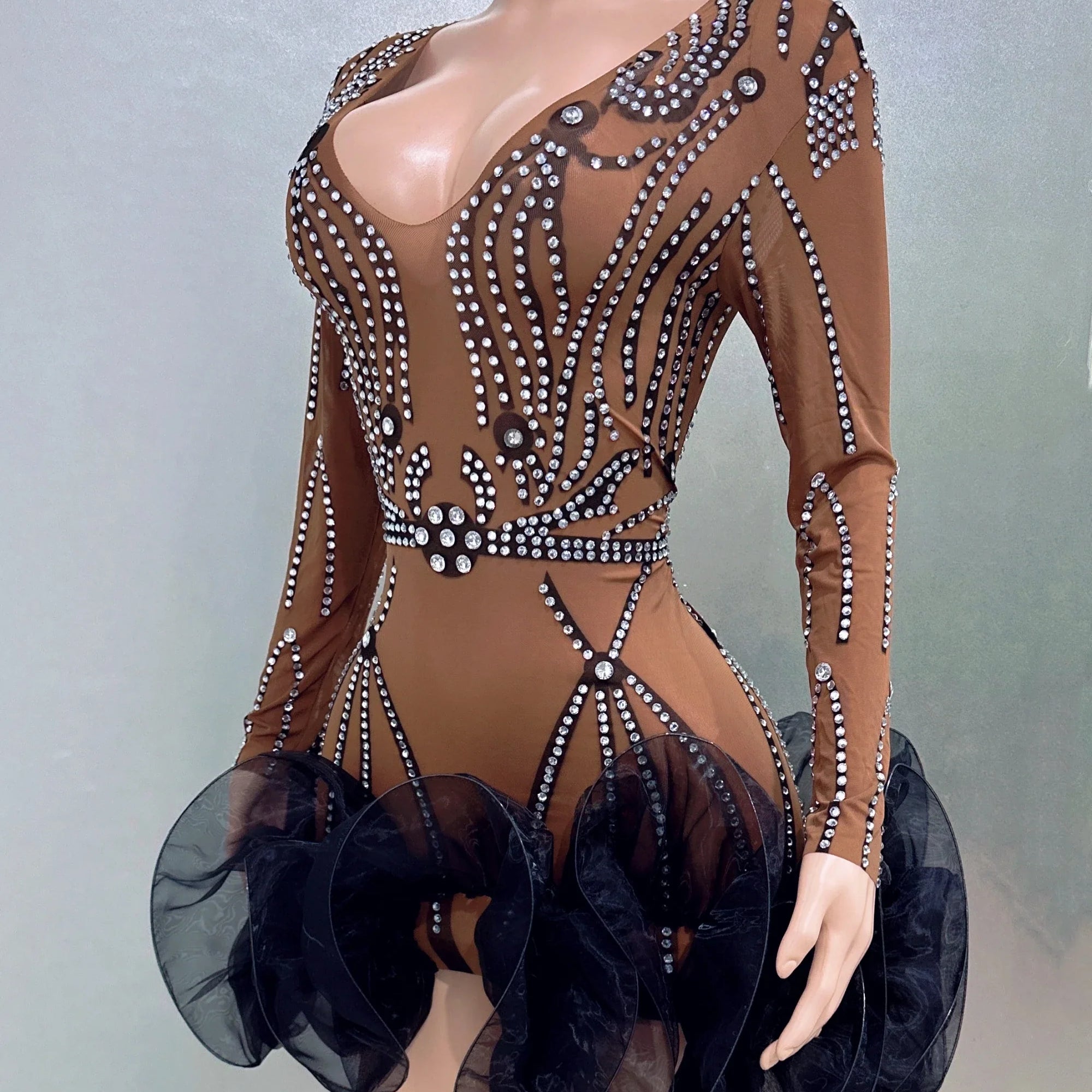 STOCK Women Long Sleeve Sexy Mesh Bodycon Ball Gown Mini Dress Bar Singer Nightclub Party Celebrate Performance Costume Wear