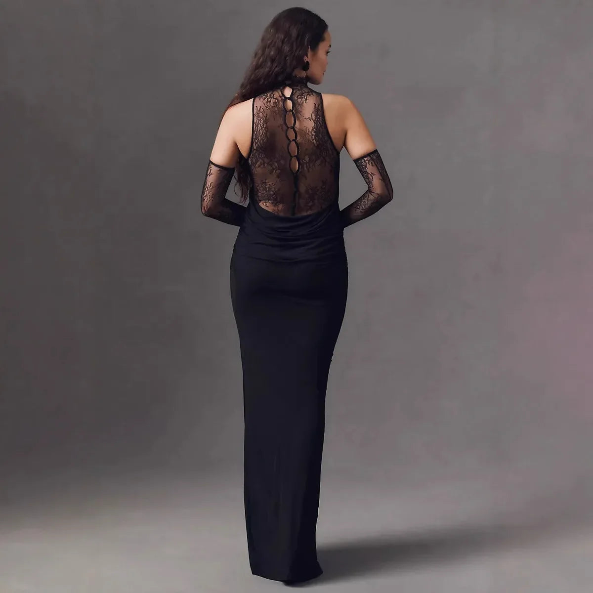 Women Black Color Women Sleeveless Off the Shoulder Lace Bodycon Long Dress Celebrate Evening Party Bar Club Wear
