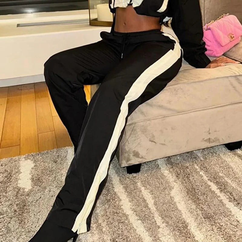 BIIKPIIK Contrast-color Women Tracksuits Sporty Fitness Fashion Two Piece Pants Sets Jacket + Pants Jogging Street Style Outfits Black Pants ONLY