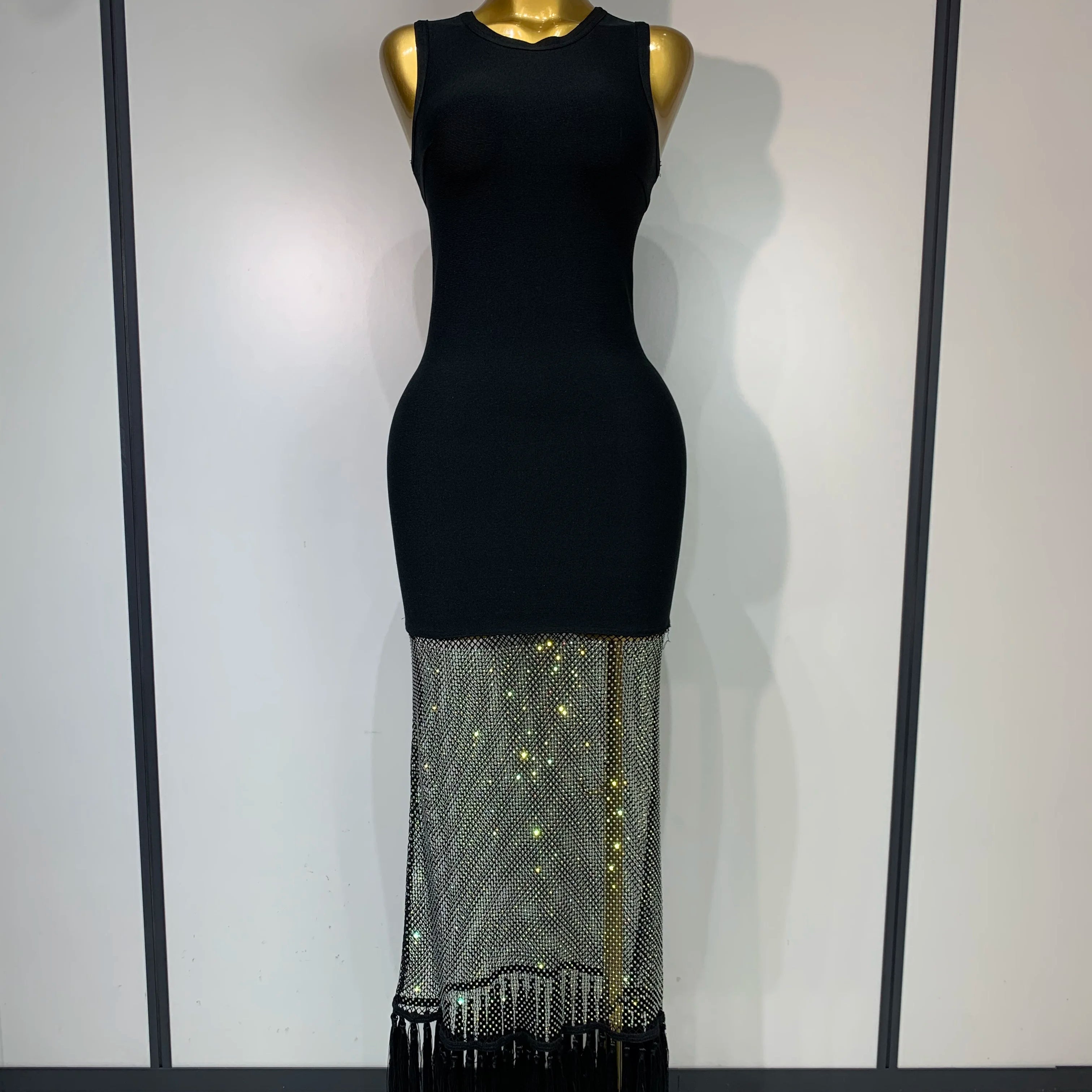 2025 New Fashion Black Sleeveless Sparkly Diamonds Tassel Bandage Dress Celebrity Cocktail Evening Party Luxury Birthday Gown