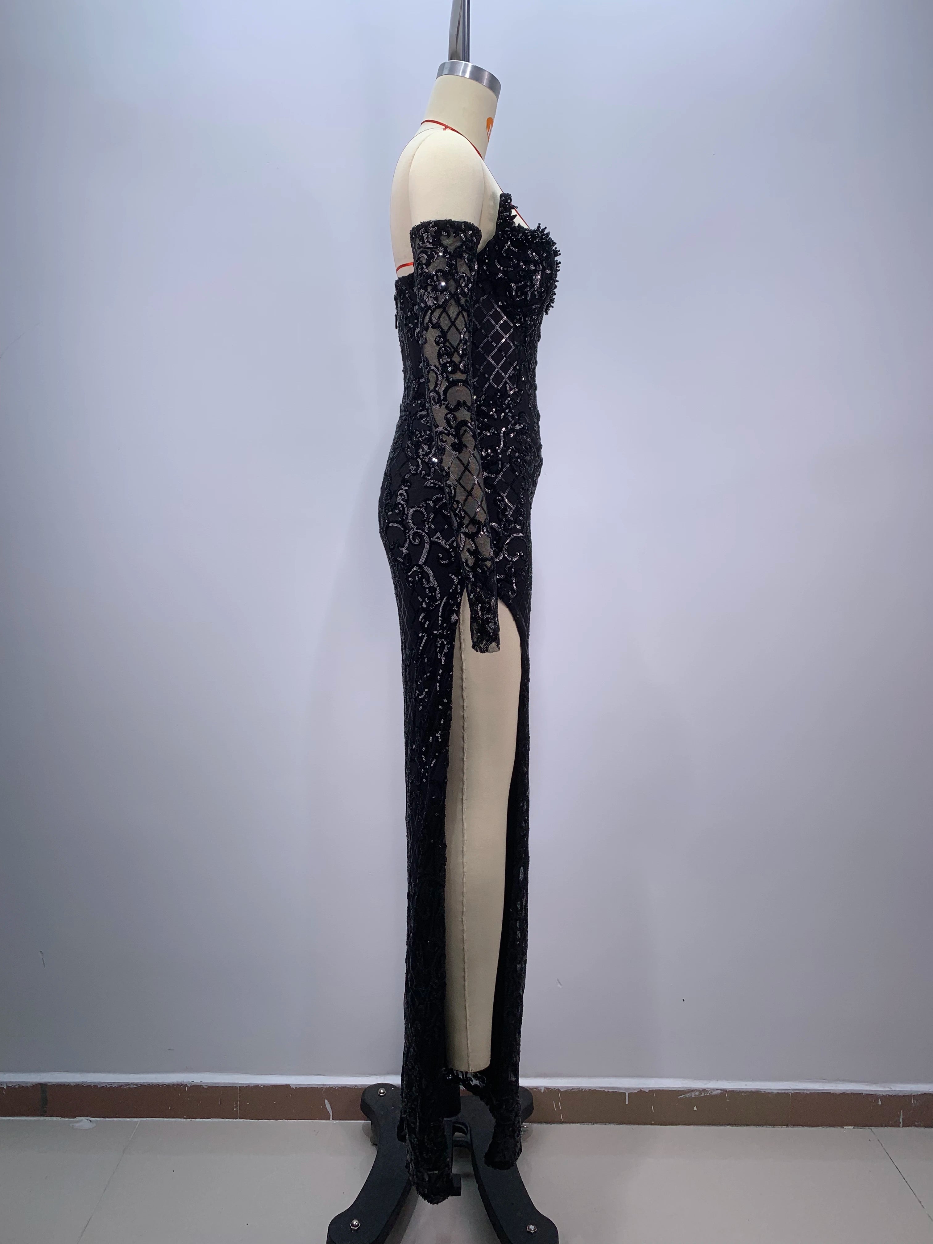 Vestido longo preto feminino, sexy, com lantejoulas brilhantes, fenda alta, justo, luvas, comemoração, festa à noite, baile