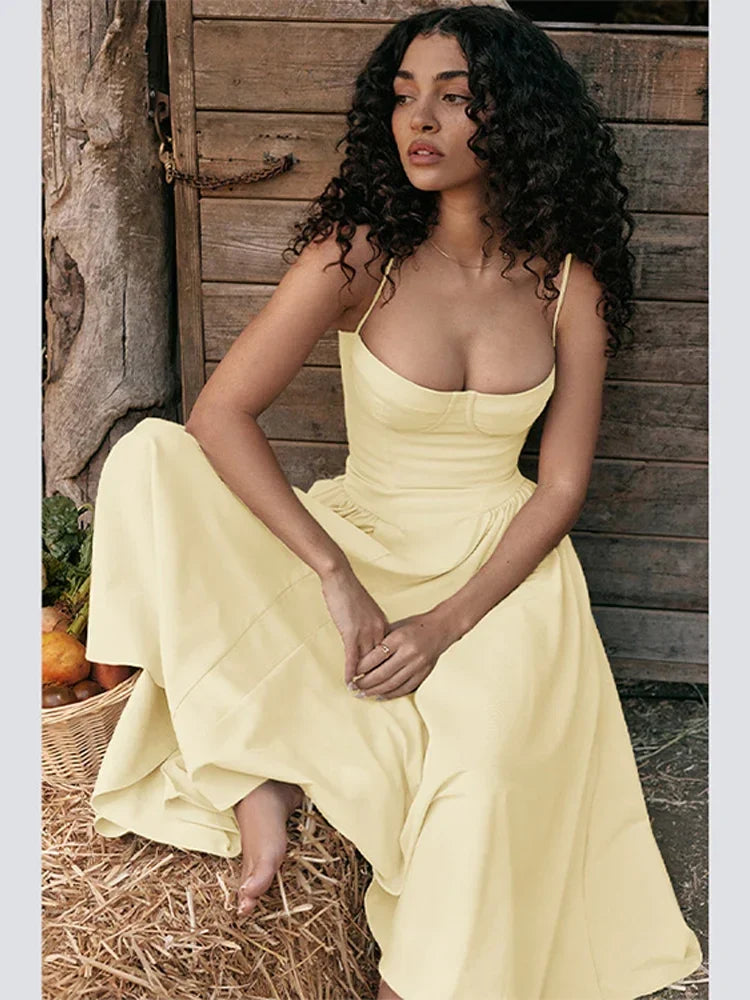 Women Sexy Solid Sling Midi Dress Fashion Sleeveless Backless Pleated Hem Dresses Summer Female Party Evening A-line Robes Yellow