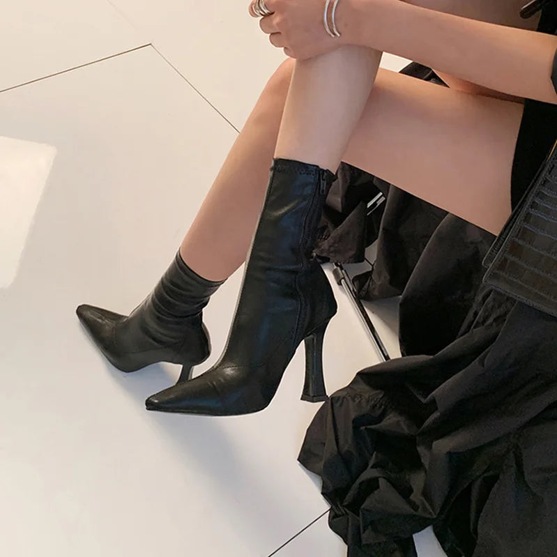 Black Women Ankle Boots Woman Thin High Heel Fashion Pointed Toe Zipper Winter Women's Shoes Leather White Short Booties black