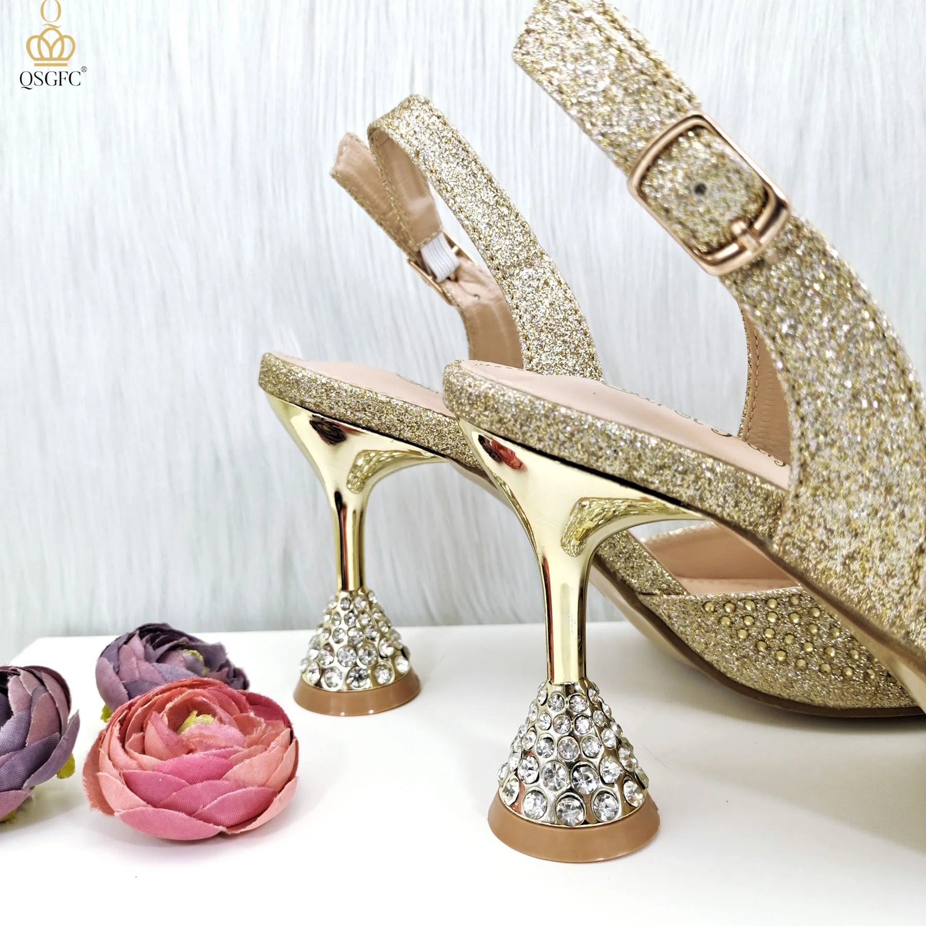 Gold Color Elegant Lady Shoes And Bag Set with Rhinestone Embellished Pearls-knot Wear-resistant And Comfortable Heel