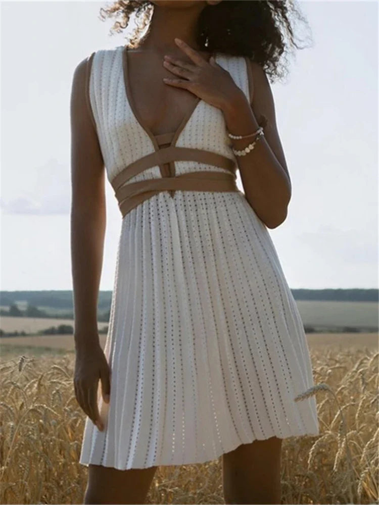 REALEFT Summer Deep V-Neck Knitted Women's Dresses High Waist Lace Up Casual Sleeveless Solid Sexy Mini Dresses Female Ladies WHITE One Size