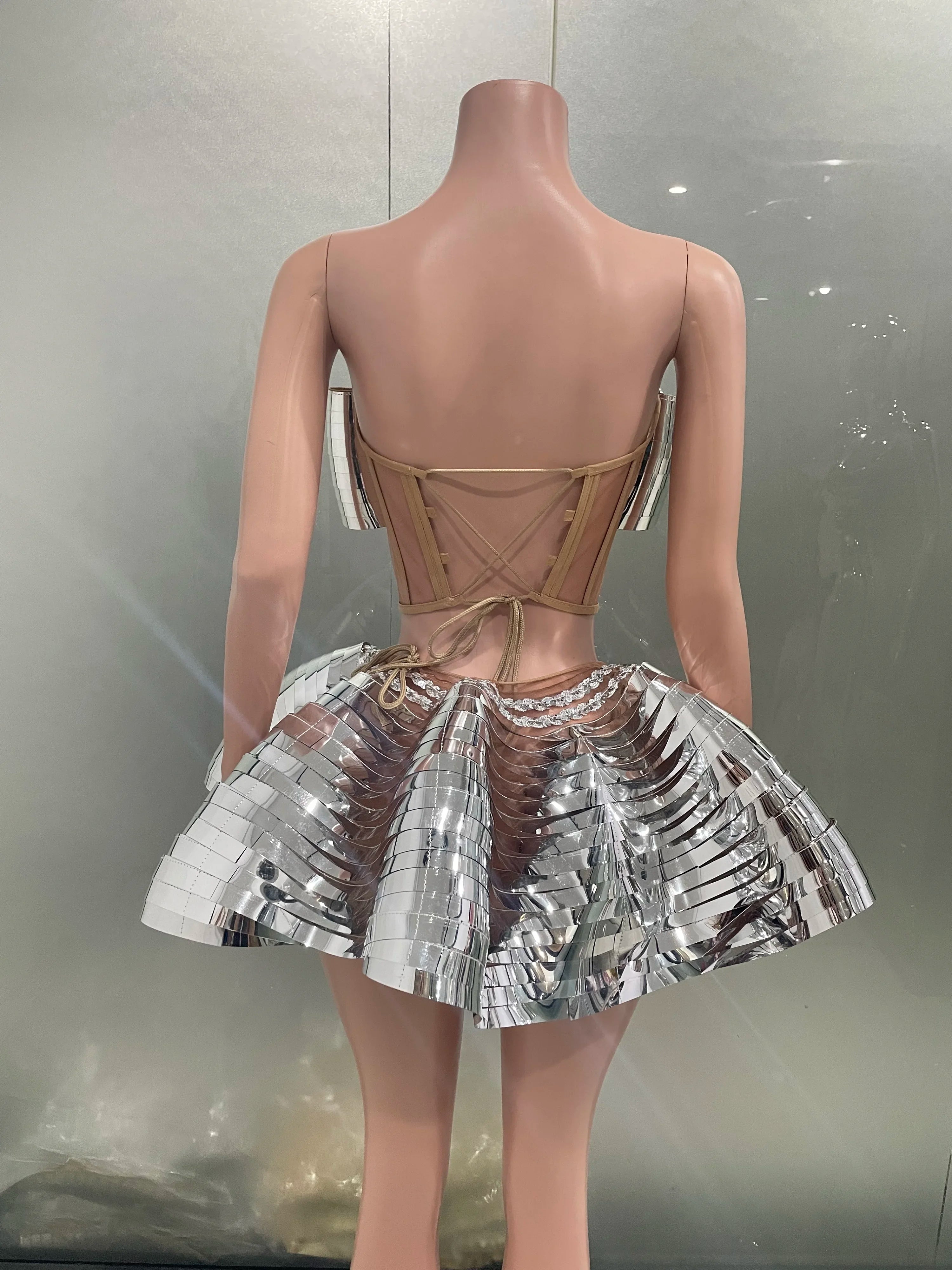 Sliver Mirror Surface Woman Set Stereoscopic Bows Strapless Tops And UFO Mini Skirt 2 Pieces Party Outfit Performance costume
