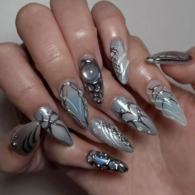 24Pcs Mid-length French Almond Press on Nails 3D Silver Line Design False Nails Star Pattern Reusable Full Cover Fake Nails Tips