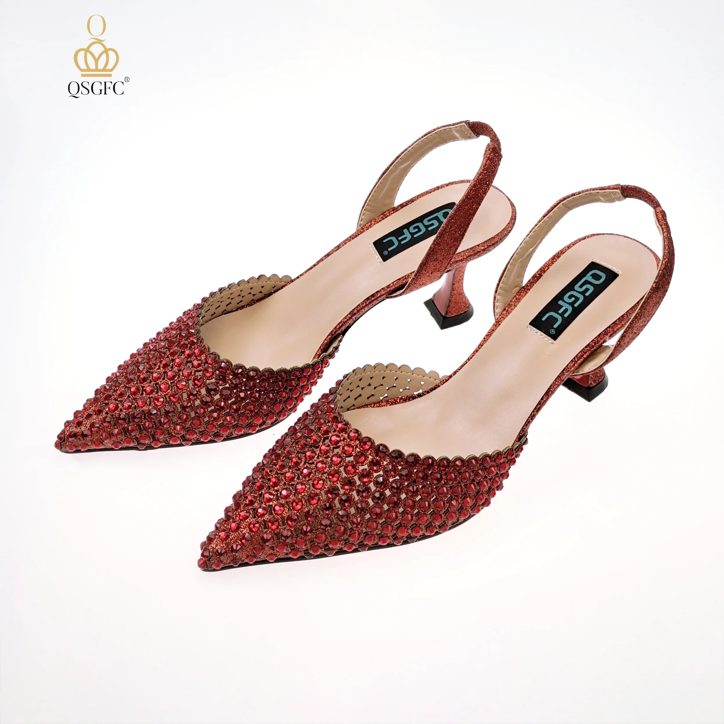 Italian Design Women Hollowed Out Embroidery Colorful Rhinestones Rainbow Color Women's Shoes and Party Wedding Bags Set ONLY SHOES WINE