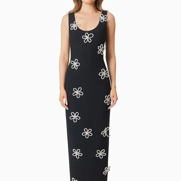 Women Celebrity Sexy Tank Sleeveless Diamonds Black Ankle Length Bodycon Bandage Dress 2025 Elegant Evening Club Party Outfit