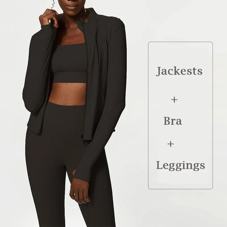 Plus Size Tracksuits Women's Yoga Set Sports Gym Jackets + Bra + Leggings Clothes for Women Sport Outfit Fitness Suit Black 3pcs