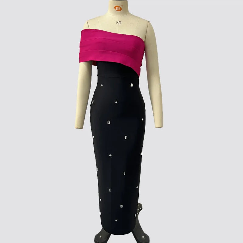 4 Colors Women Sexy Strapless Shinning Rhinestones Bodycon Long Bandage Dress Nightclub Party Celebrate Fashion Birthday Outfit