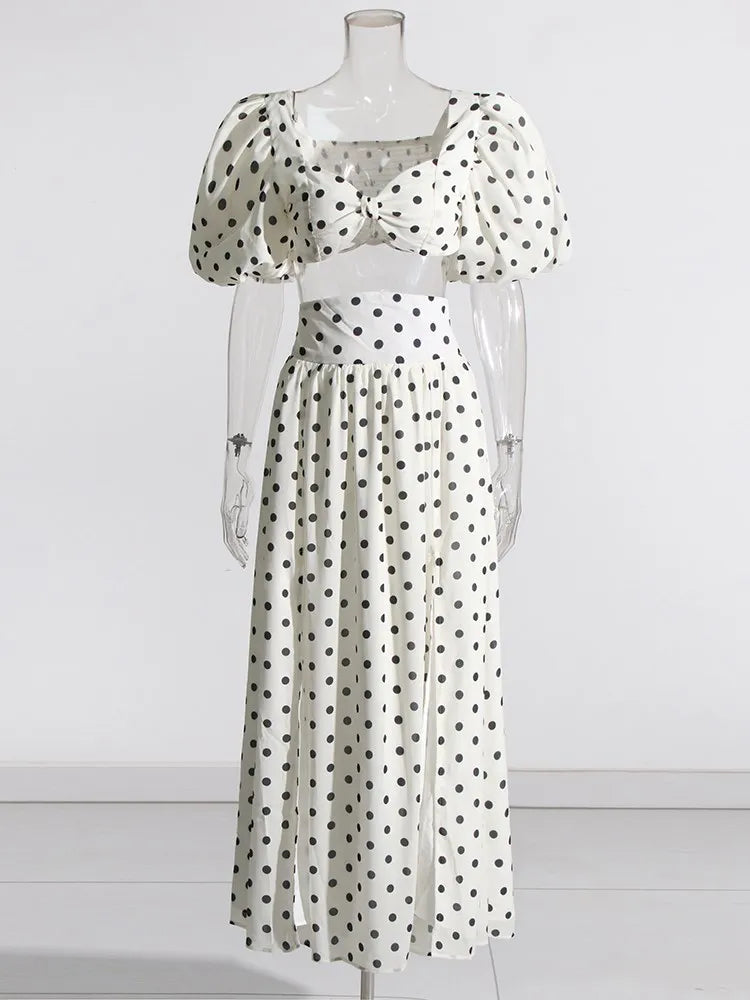 TWOTWINSTYLE elegant Polka dot two piece sets square collar puff sleeve tops high waist split skirt chic set female fashion 2023