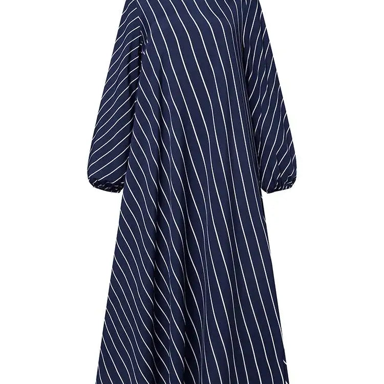 Plus Size 5XL Elegant Striped Maxi Dress Women High Neck Elegant Long Sundress Long Puff Sleeve Printed Vestidos