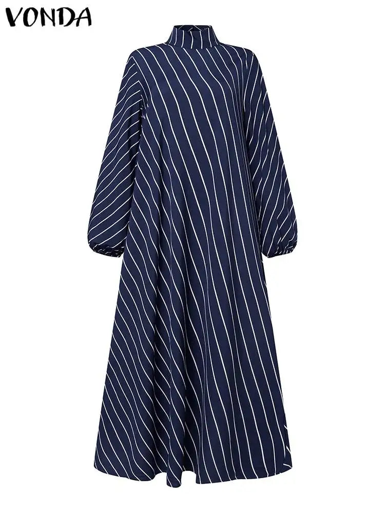 Plus Size 5XL Elegant Striped Maxi Dress Women High Neck Elegant Long Sundress Long Puff Sleeve Printed Vestidos