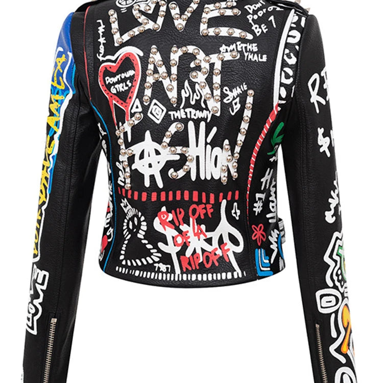 Fashion Brand Coat PU Leather Jacket Women Leopard Print Graffiti Rivets Punk Coats Slim Locomotive Cropped Jacket Leather Top