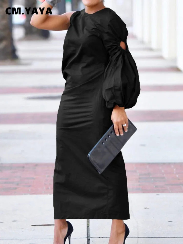 CM.YAYA Women Cutout One Long Sleeve Ruched Side Split Maxi Bodycon Midi Dress 2023 Winter Vintage Sexy Party Dresses Vestidos