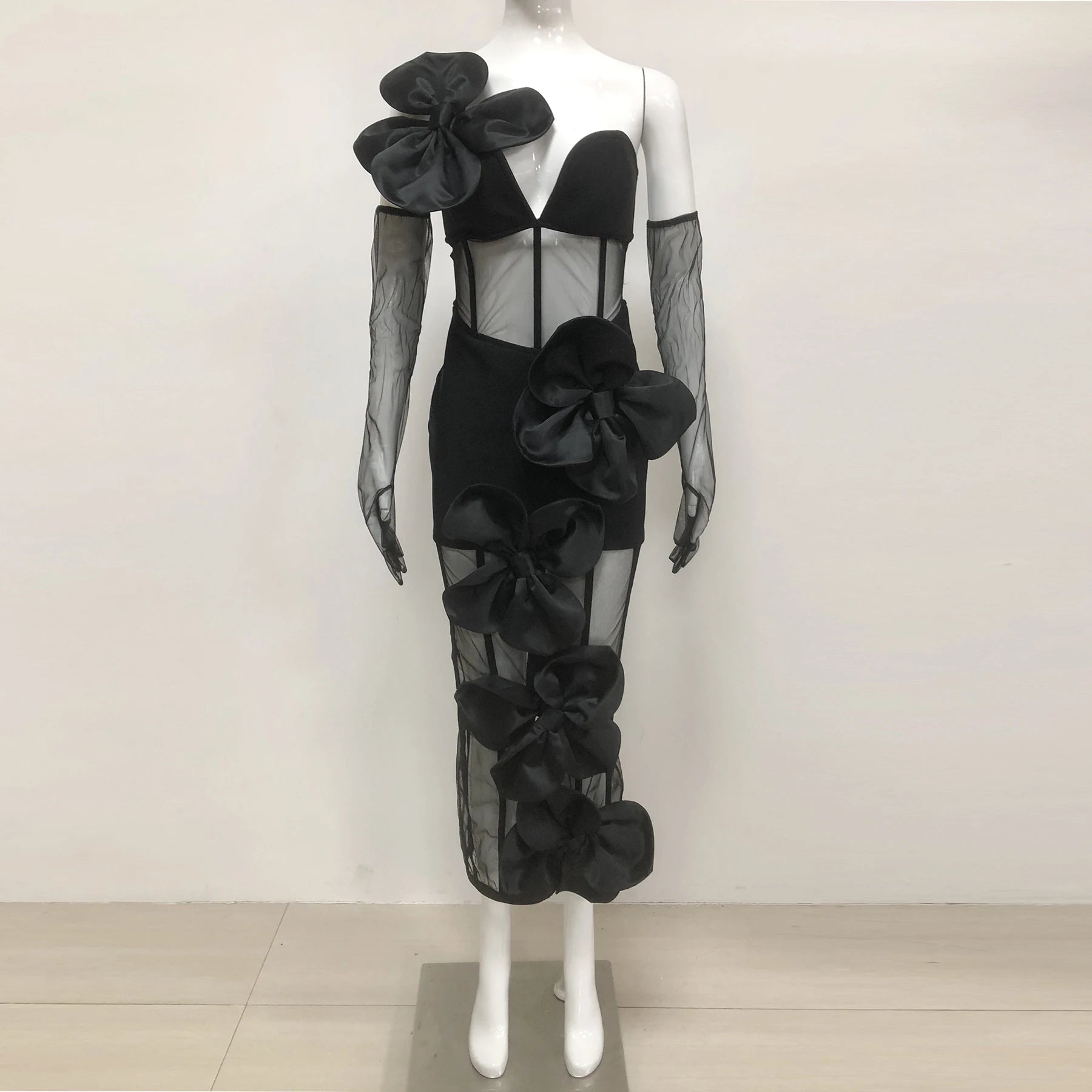 High Quality Women Sexy One Shoulder Florals Mesh See Through Bodycon Long Bandage Dress Celebrate Nightclub Party Outfit