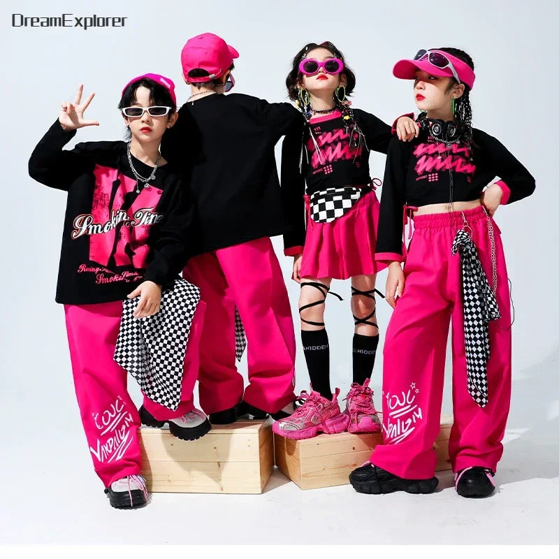 Girls Hip Hop Crop Top Street Dance Skirts Boys Cool Sweatshirt Pink Cargo Pants Child Streetwear Kids Jazz Costumes Clothes Set