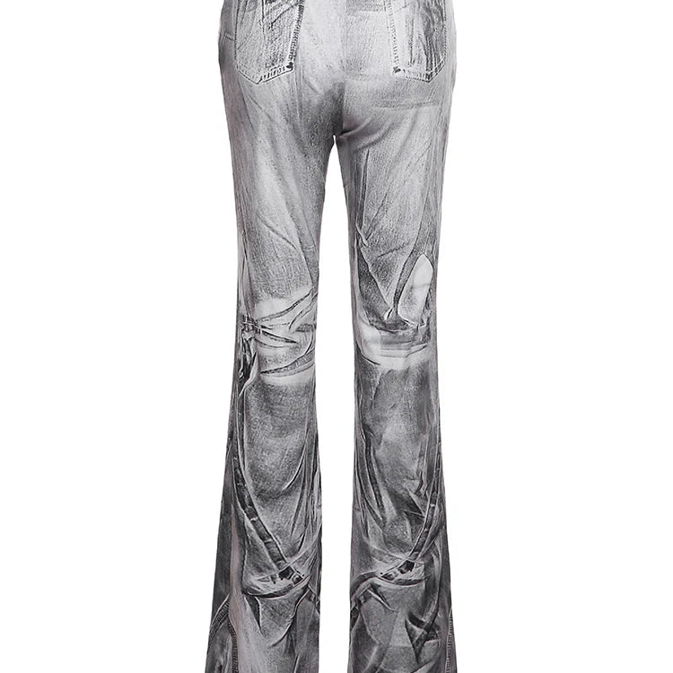kliou Autumn Women Ankle-Length Casual Flare Pants K22P20690 Girl Street Print Slim Trousers Lady All-match Fake Denim Bottoms