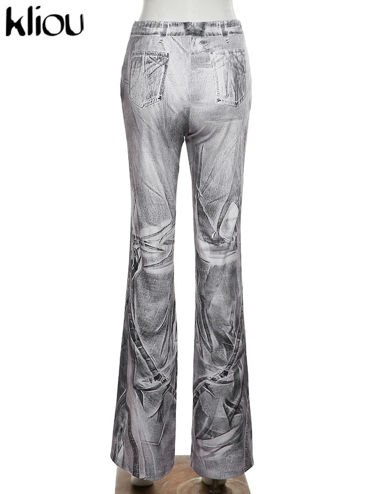 kliou Autumn Women Ankle-Length Casual Flare Pants K22P20690 Girl Street Print Slim Trousers Lady All-match Fake Denim Bottoms
