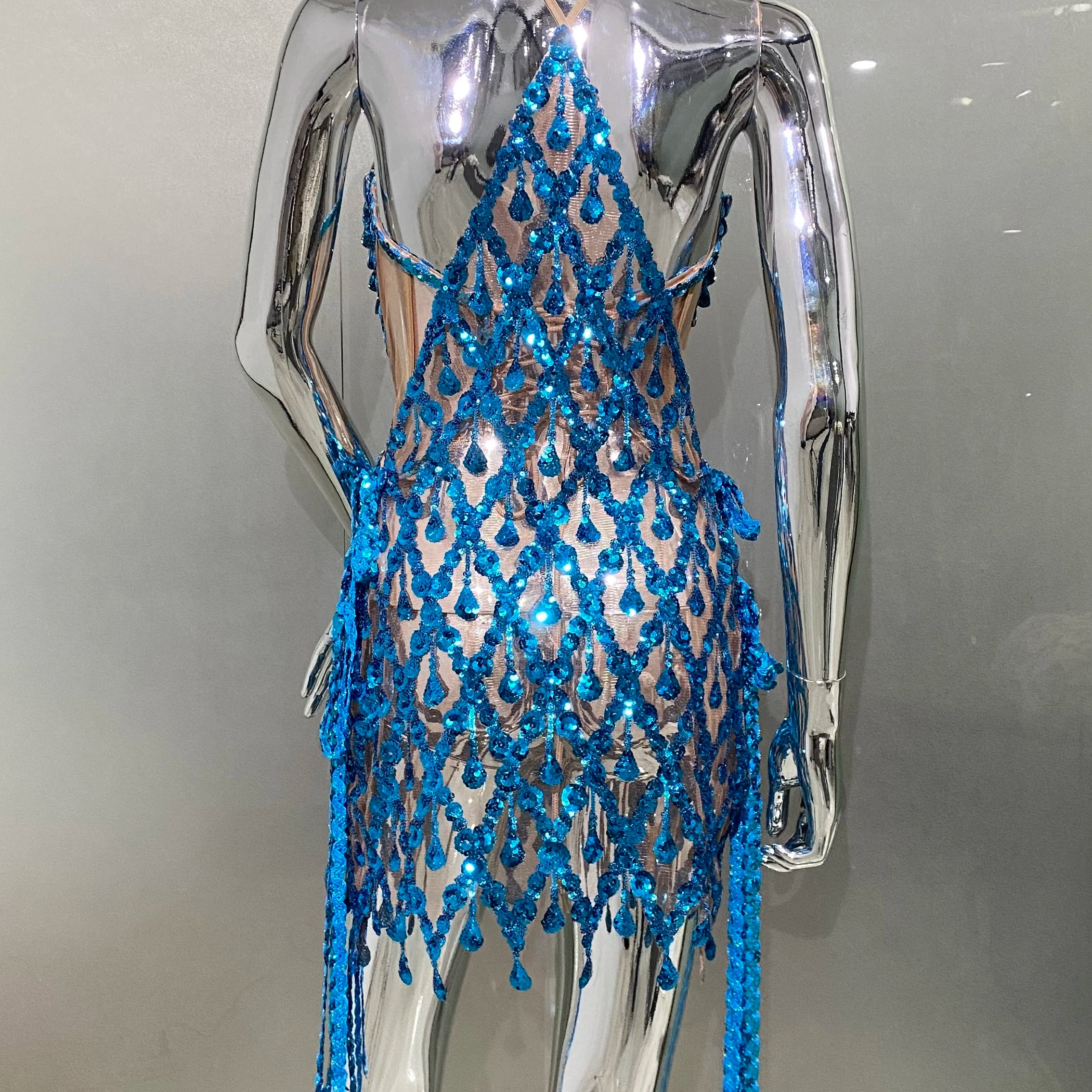 Blue Sequins Shining Diamonds Long Tassel Sleeveless Mini Dress 2 Pieces High Quality Birthday Party Outfit Performances Costume