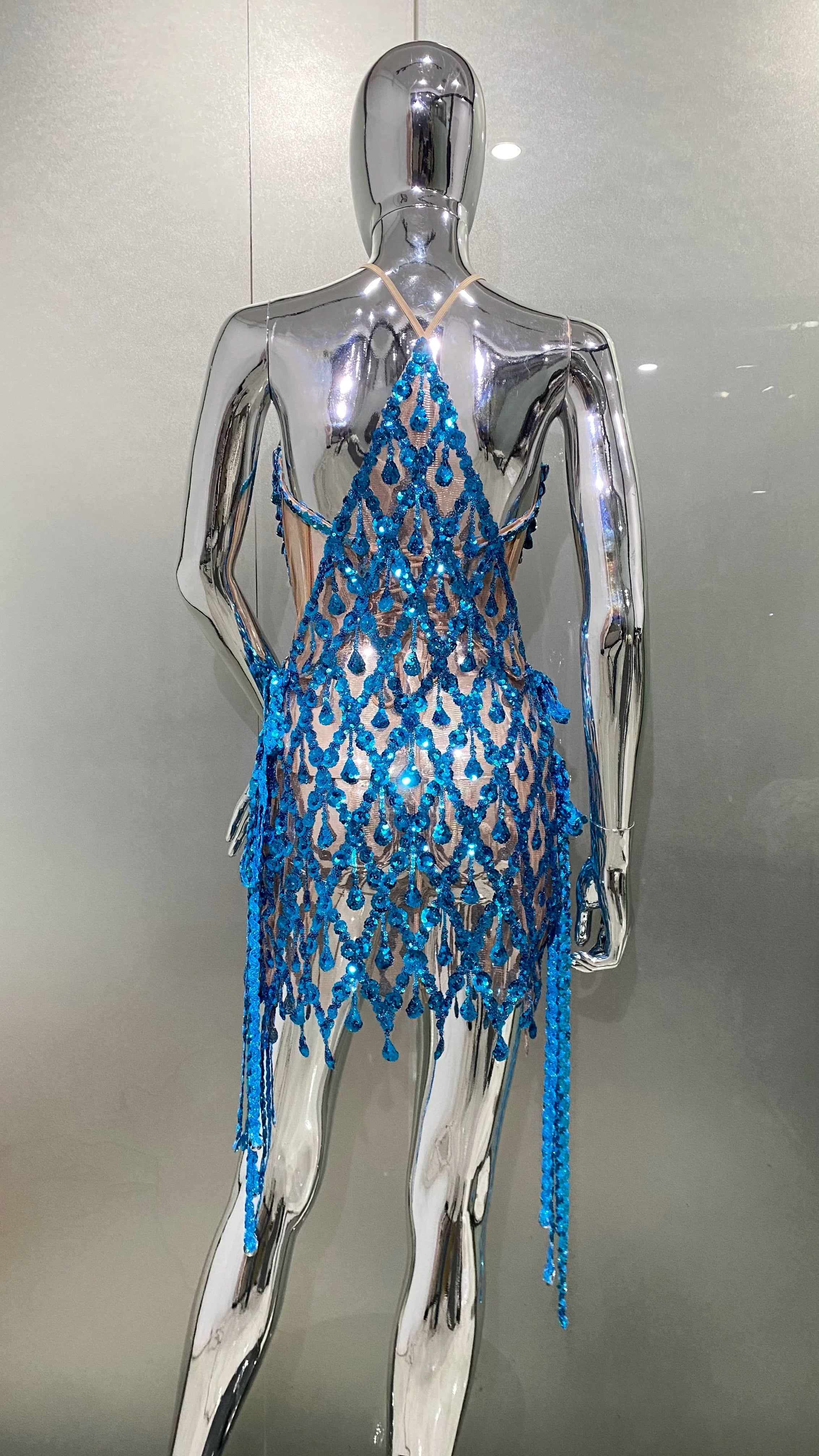 Blue Sequins Shining Diamonds Long Tassel Sleeveless Mini Dress 2 Pieces High Quality Birthday Party Outfit Performances Costume