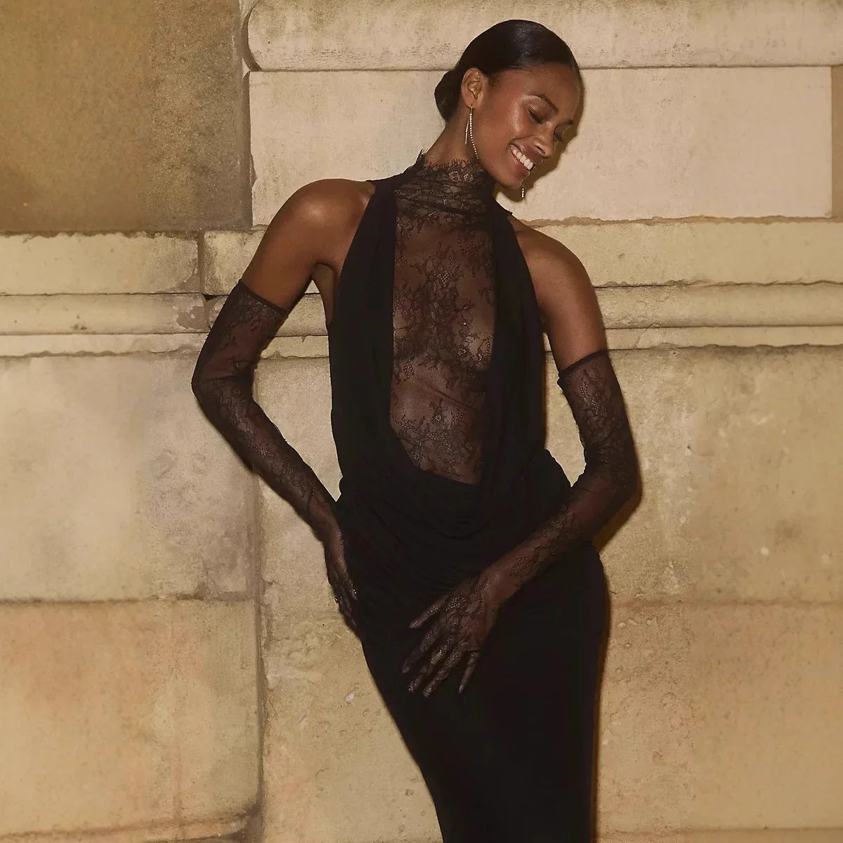 Women Black Color Women Sleeveless Off the Shoulder Lace Bodycon Long Dress Celebrate Evening Party Bar Club Wear