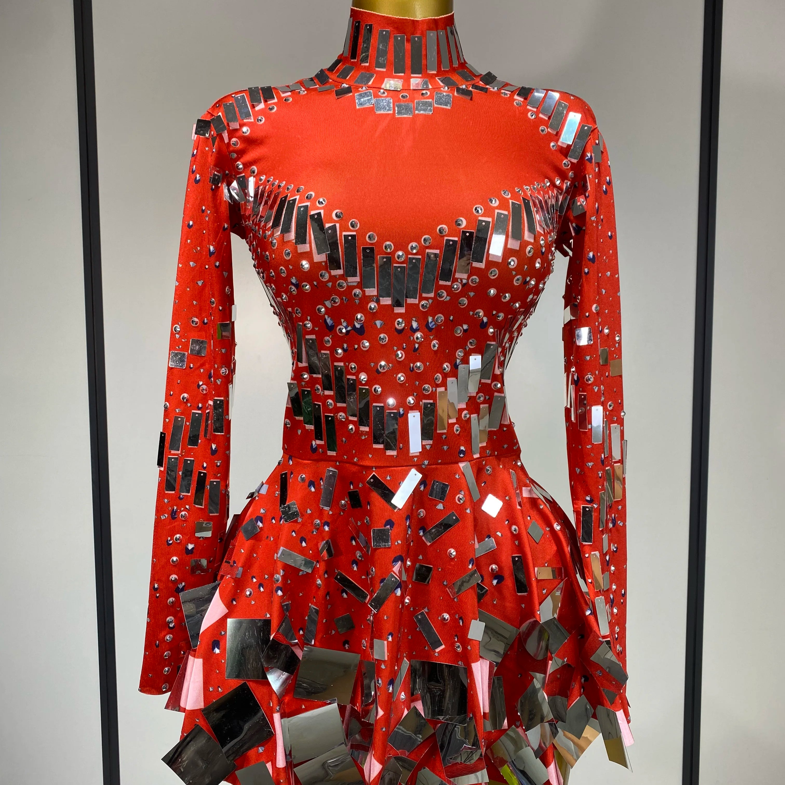 Women Sexy High Elastic A-Line Long Sleeve Dress Performance Costume Sparkly Nightclub Evening Party Hotwife Stage Outfit