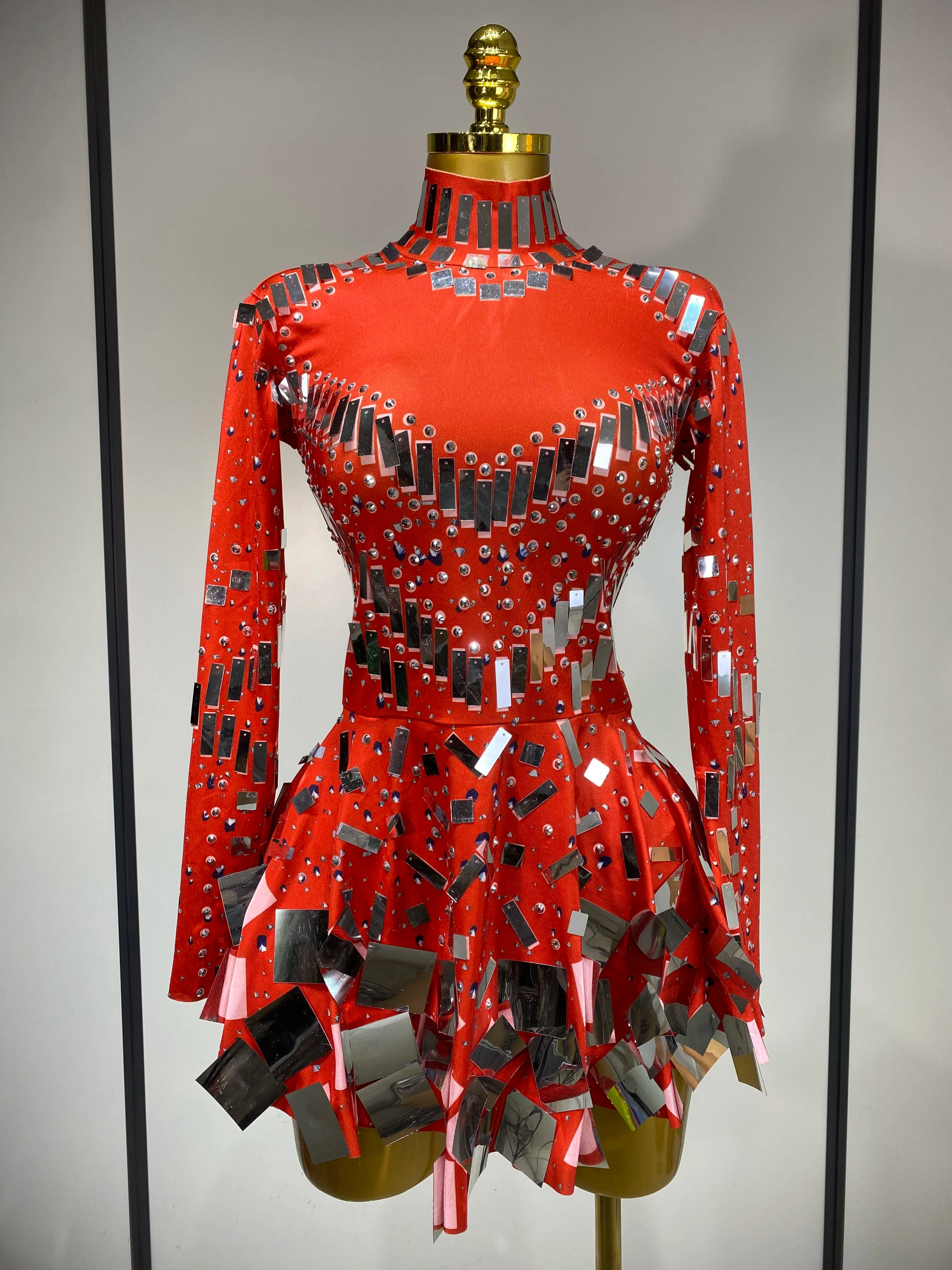 Women Sexy High Elastic A-Line Long Sleeve Dress Performance Costume Sparkly Nightclub Evening Party Hotwife Stage Outfit