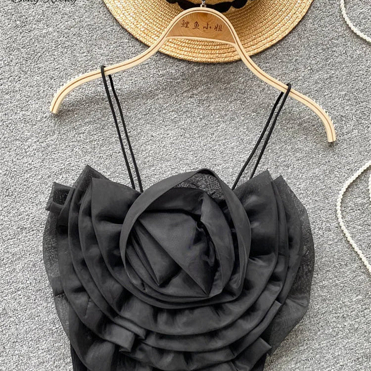 SINGREINY Female 3D Flowers Vacation Style Sexy Camis Summer Design Sheath Tops Women Solid Slim Short Streetwear Beach Camisole black One Size