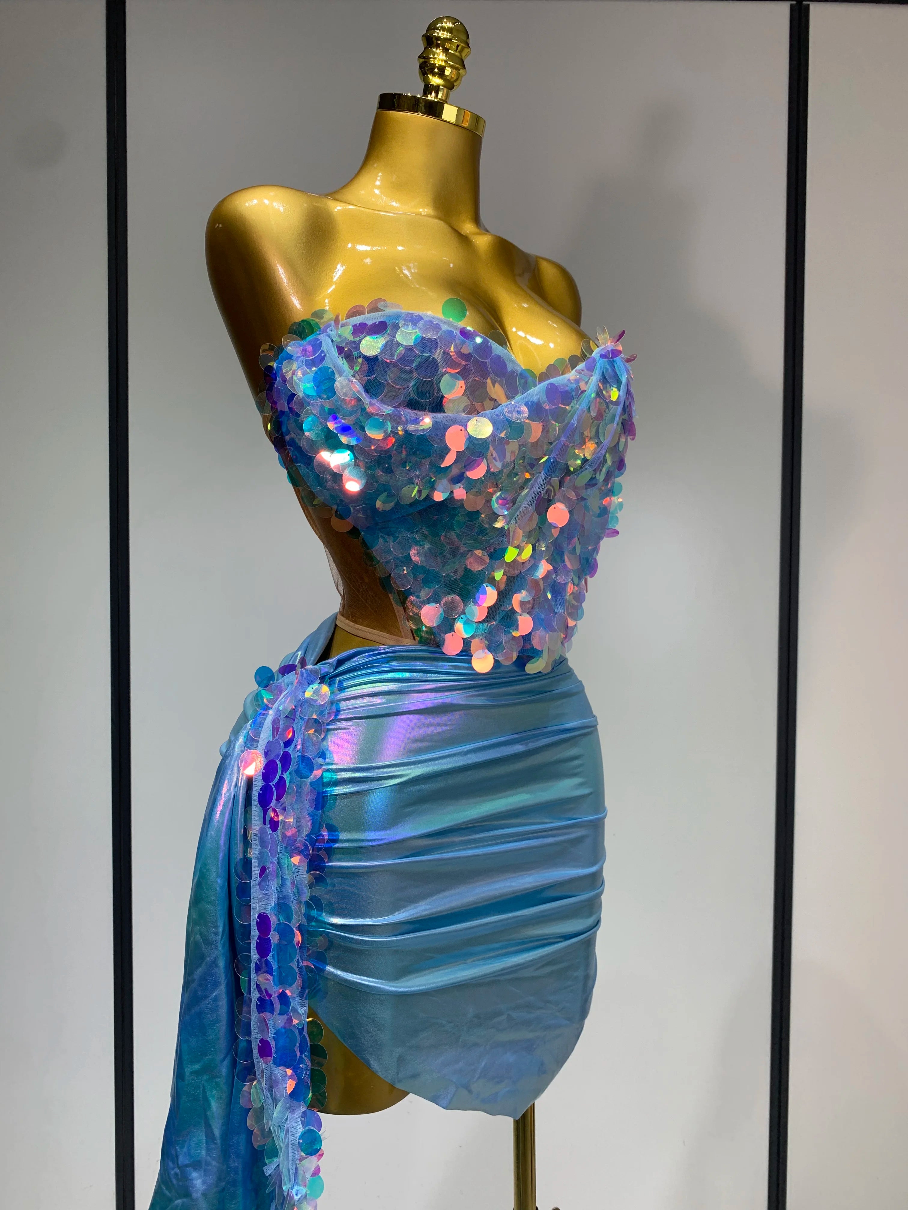 Women Sexy Singer Dancer Performan Costume Nightclub Bar Girl Sparkly Sequins Two Piece Set Evening Party Luxury Birthday Outfit