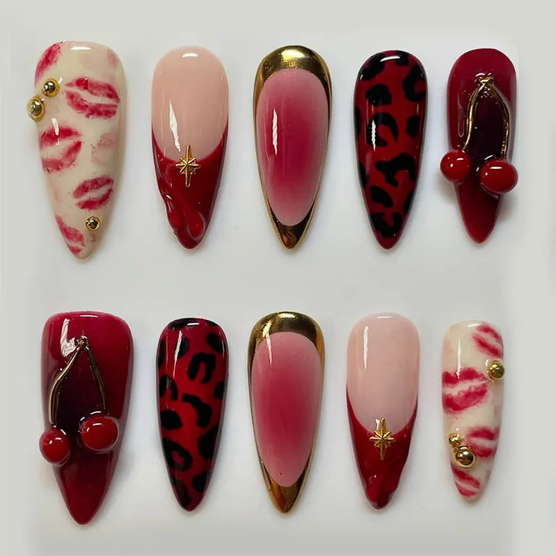 24Pcs Dark Red Leopard Print Pattern Fake Nails Patch Sweet Cool 3D Cherry Press on Nail Lip Print French Almond Nails for Women