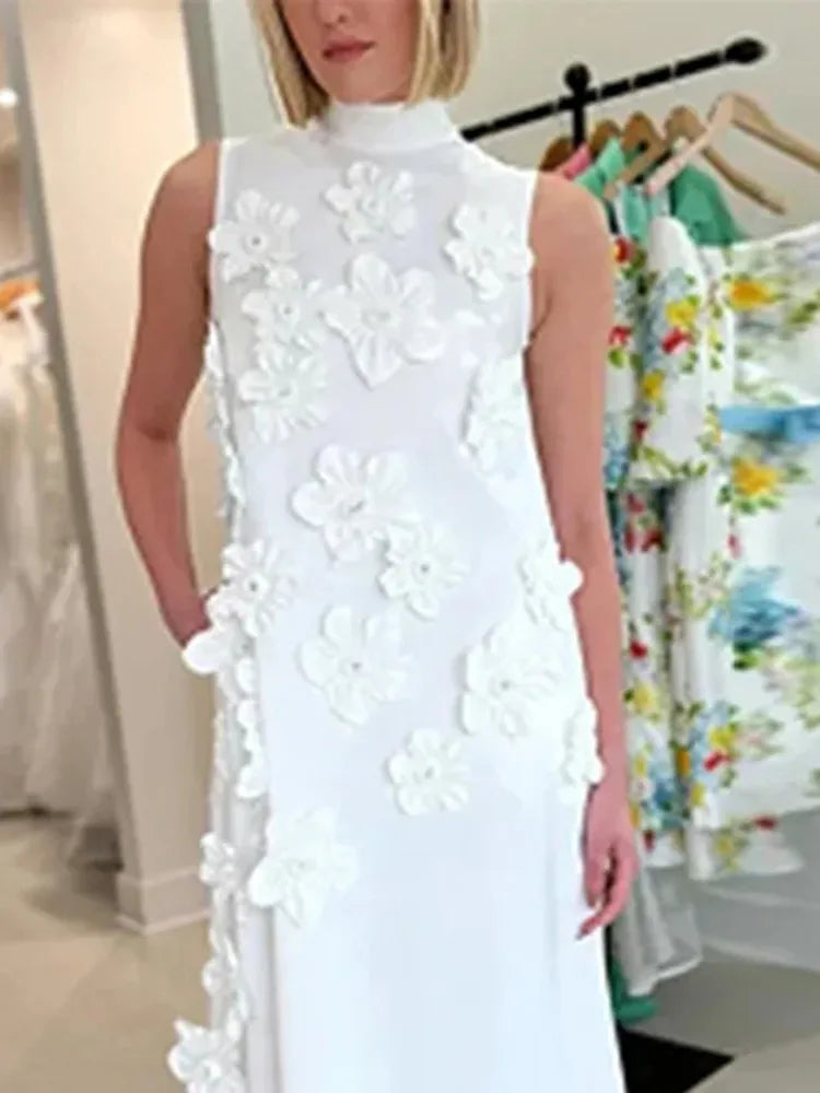 TWOTWINSTYLE Patchwork Lace Up A Line Dress For Women Stand Collar Sleeveless High Waist Spliced Appliques Slim Dresses Female