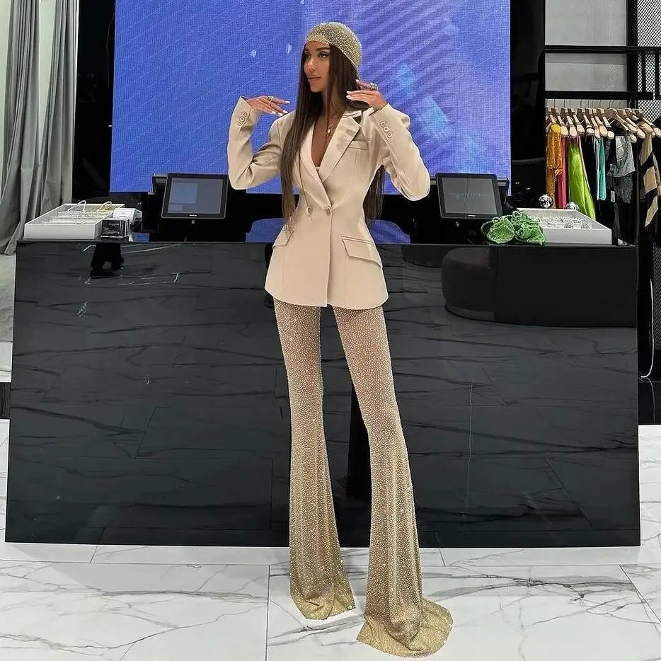New Stylish Woman Oversize Suit Coat And Shining Diamonds Mesh Pants 2 Pieces Set Fashion Woman High Street Wear Party Outfit
