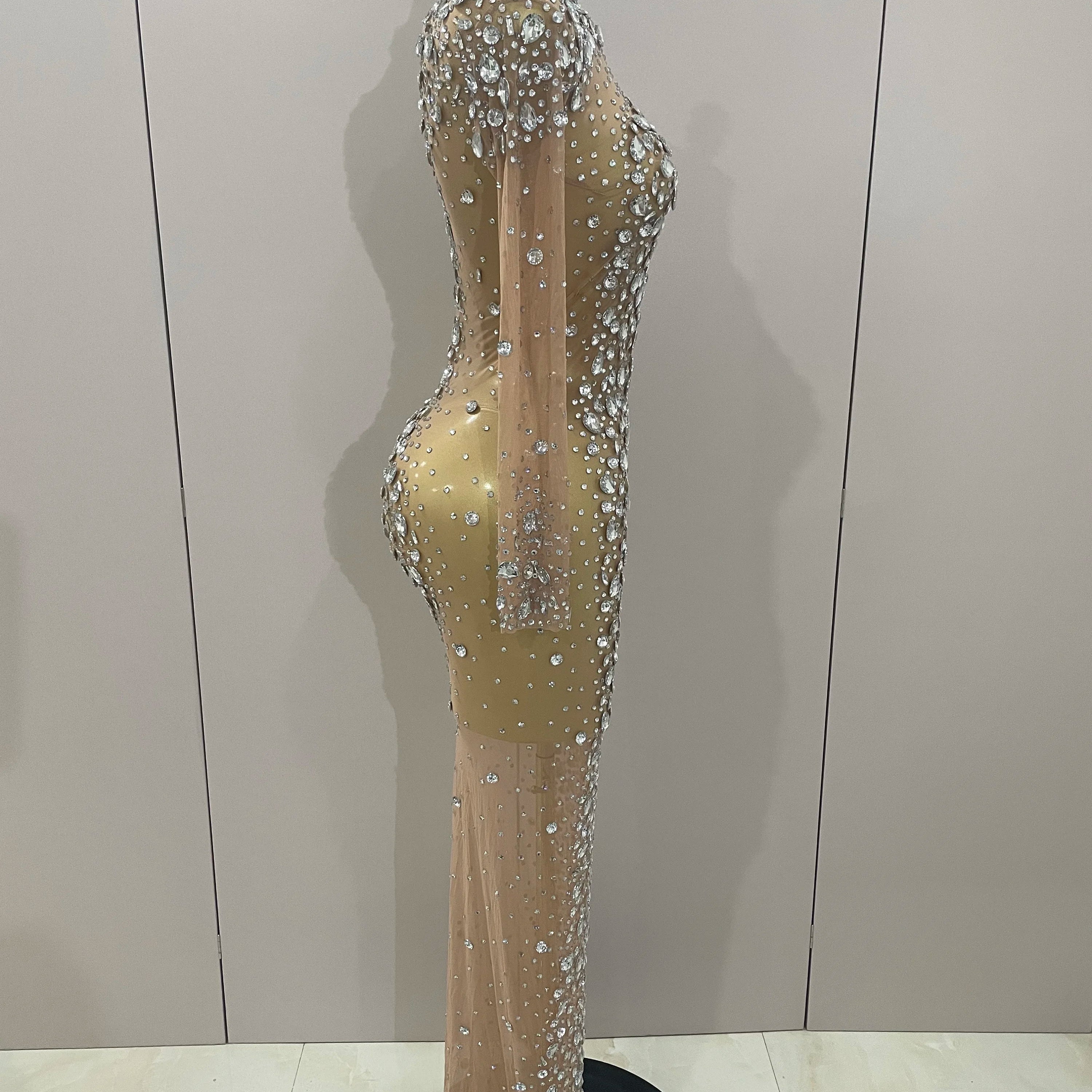 Sparkly Silver Big Rhinestone Sexy Transparent Long Dress 2025 Women Evening Birthday Party Celebrate Club Dancer Stage Costume