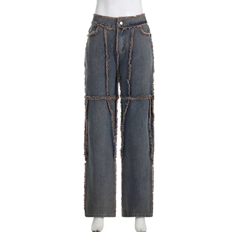 Streetwear Hip Hop Spliced Women Jeans Low Rise Loose Straight Tube Floor Dragging Pants Grunge Punk High Street Denim Pants Y2K