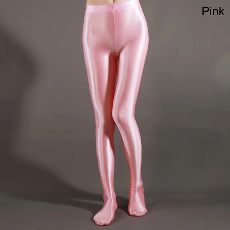Colorful Satin Glossy Pantyhose Sexy Stockings Shiny Yoga Pants Leggings Sport Tights Women Fitness High Waist Tights Pink