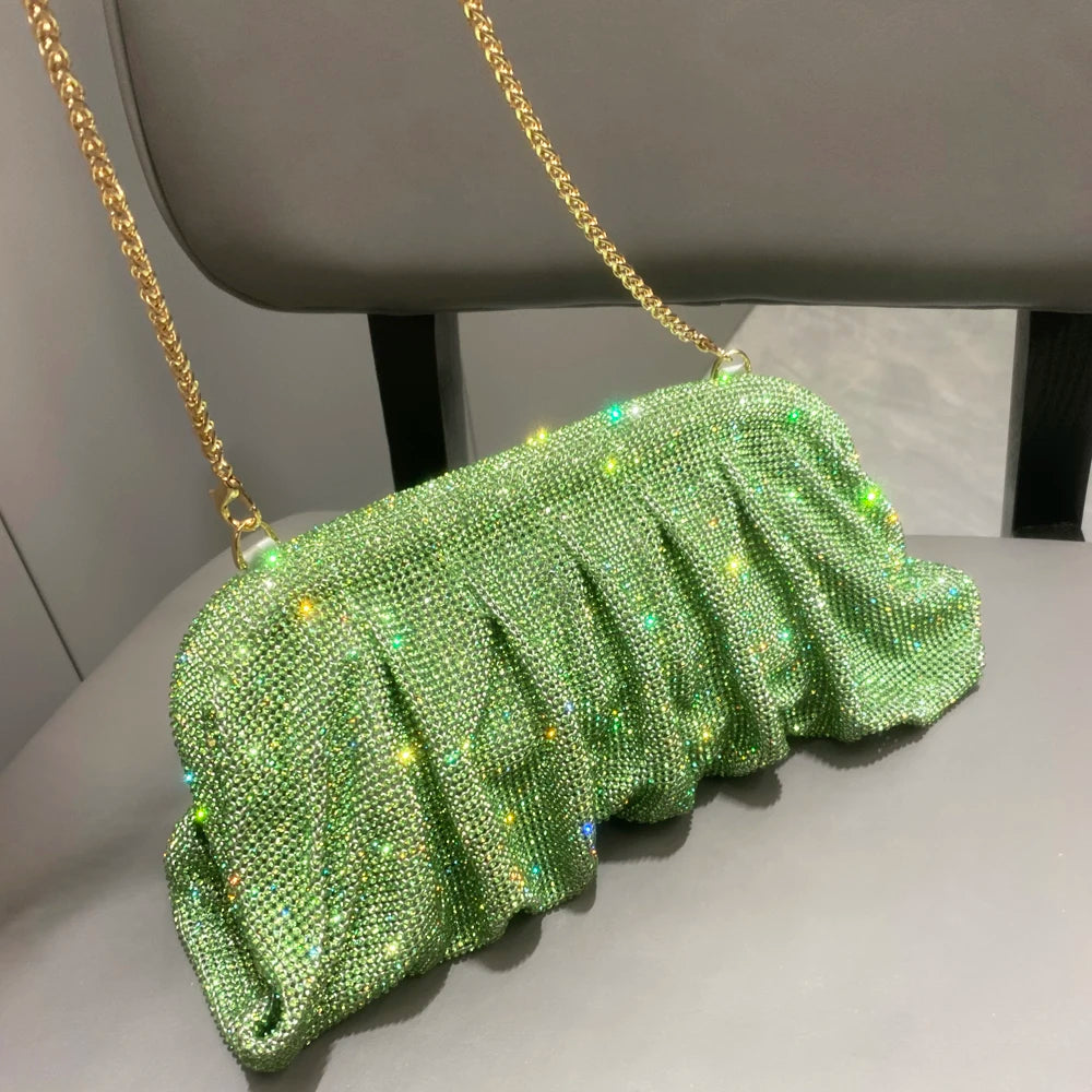 Shiny Rhinestones Handmade Evening Clutch Bags New Folds Purses And Handbags Luxury Designer Wedding Party High Quality Green