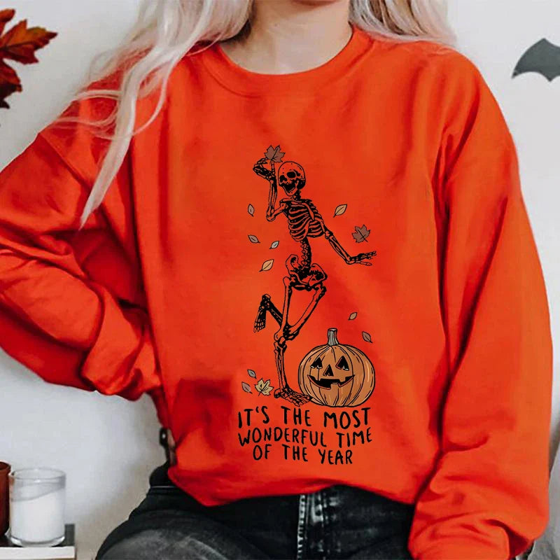 Halloween Skeleton & Pumpkin Print Sweatshirts Casual Long Sleeve Crew Neck Sweatshirt Women's Plus Size Clothing Orange